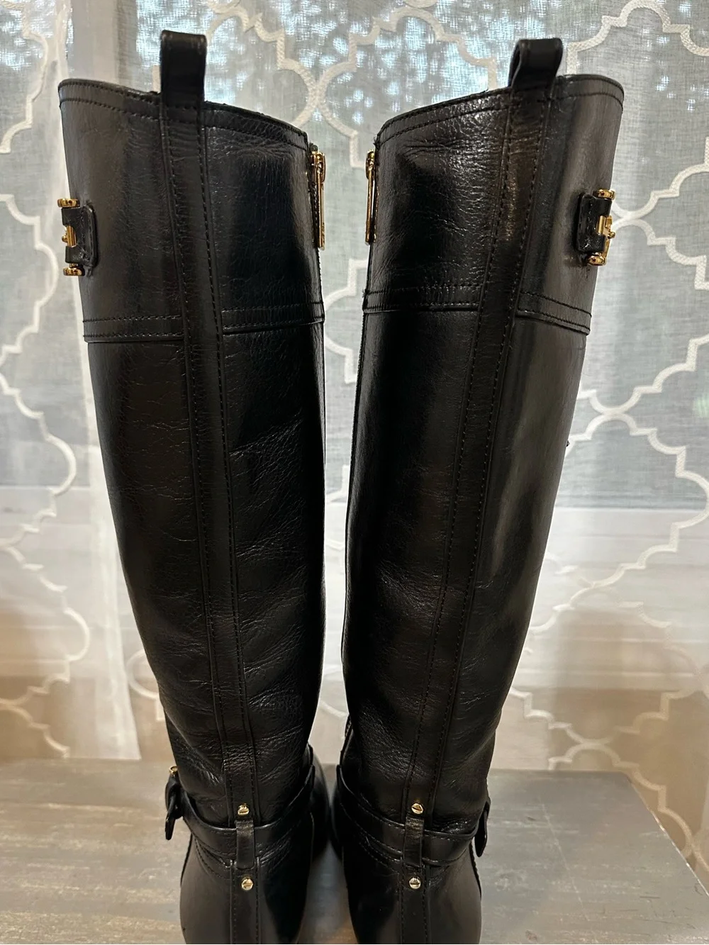 Tory Burch Nadine Black Leather Knee High Riding Boots Gold Logo Medallion 8
